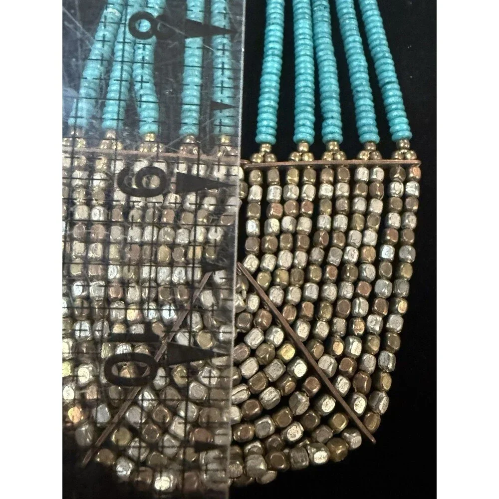 Multi Layered Metal Bead Turquoise Color Bead Bib Necklace 18.5”
